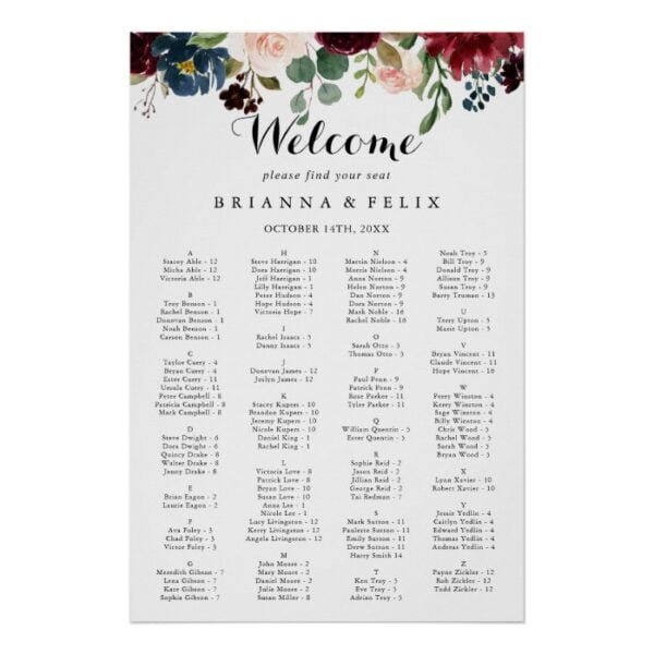 Autumn Calligraphy Alphabetical Seating Chart