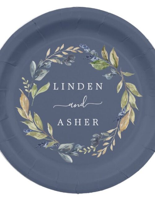 Autumn Greenery | Navy Wedding Cake Paper Plate