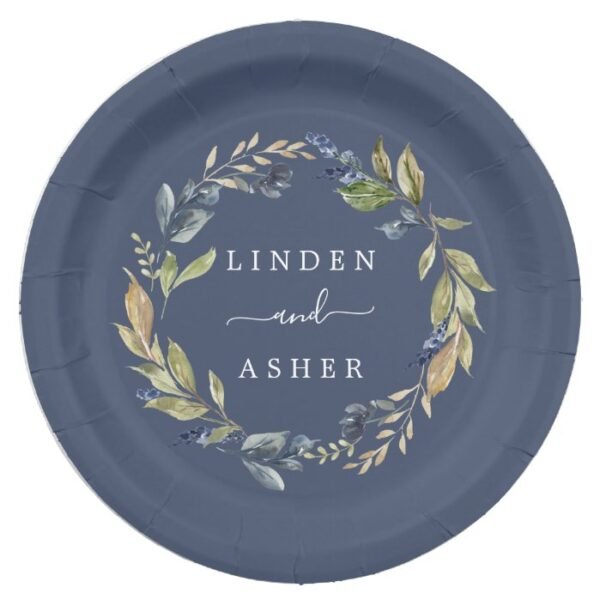 Autumn Greenery | Navy Wedding Cake Paper Plate