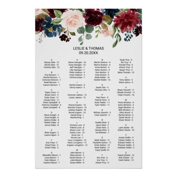 Autumn Rustic Burgundy Alphabetical Seating Chart