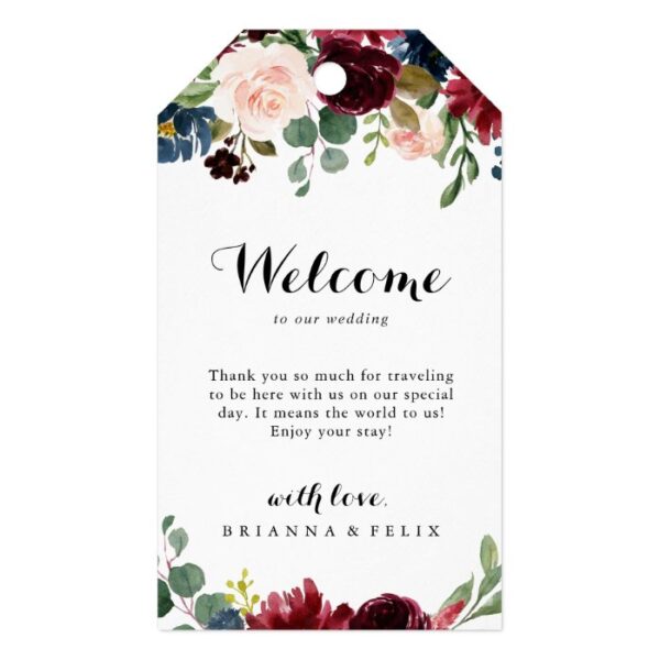 Autumn Rustic Burgundy Calligraphy Wedding Welcome Gift Tags