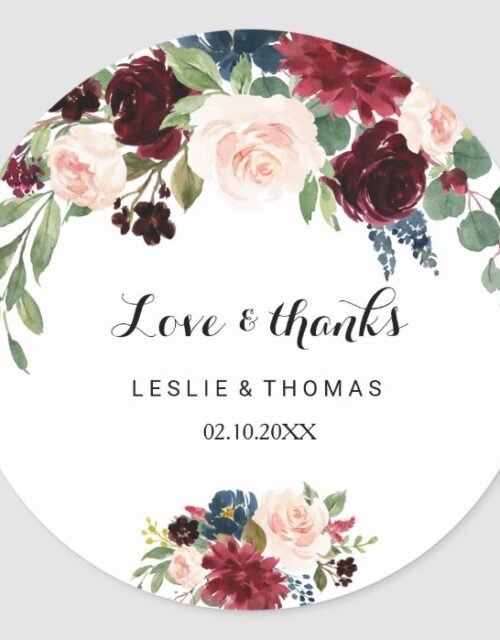 Autumn Rustic Burgundy Love & Thanks Wedding Classic Round Sticker