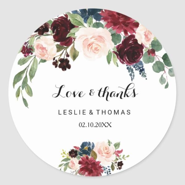 Autumn Rustic Burgundy Love & Thanks Wedding Classic Round Sticker