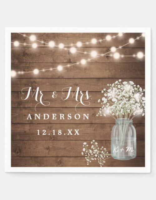 Baby's Breath Floral Mason Jar Rustic Wood Wedding Napkins