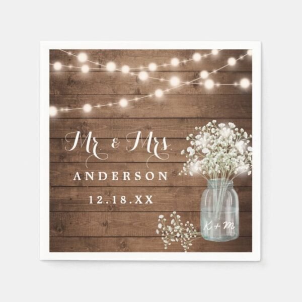 Baby's Breath Floral Mason Jar Rustic Wood Wedding Napkins