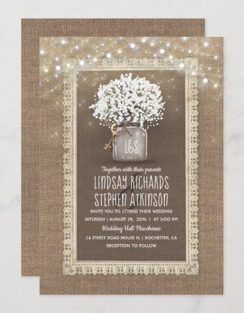 Baby's Breath Mason Jar Rustic Burlap Lace Wedding Invitation