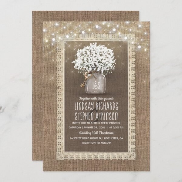 Baby's Breath Mason Jar Rustic Burlap Lace Wedding Invitation