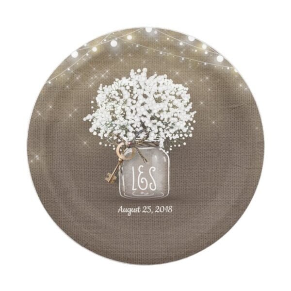 Baby's Breath Mason Jar Rustic Burlap Wedding Paper Plate