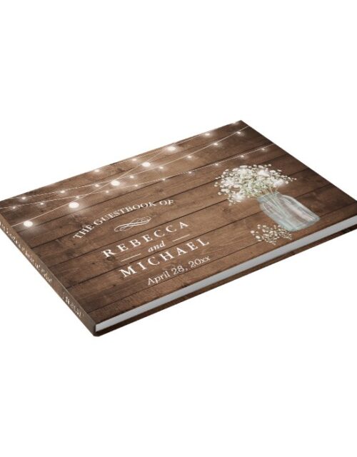 Baby's Breath Mason Jar Rustic Wood Lights Wedding Guest Book