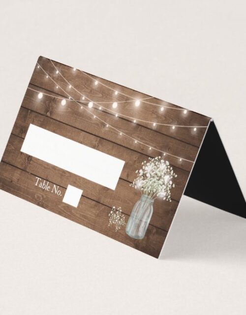 Baby's Breath Mason Jar String Lights Wood Wedding Place Card