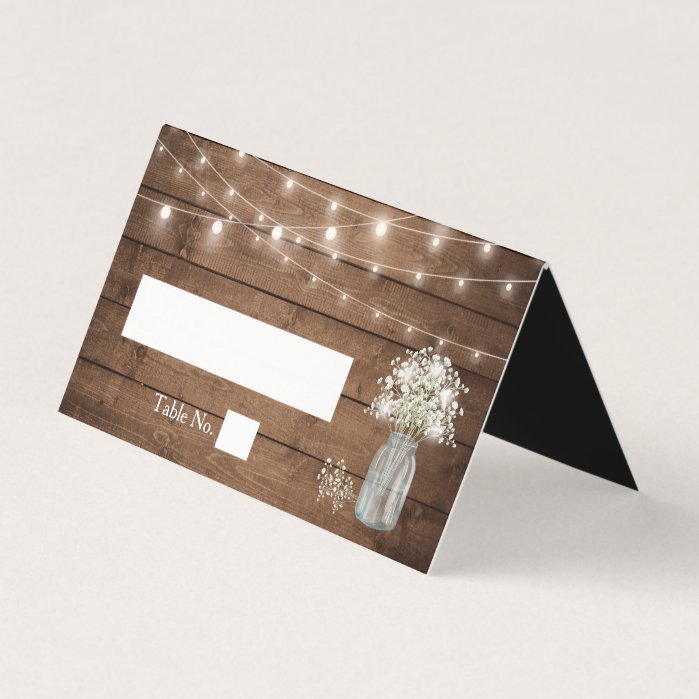 Baby's Breath Mason Jar String Lights Wood Wedding Place Card