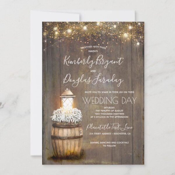 Baby's Breath Wine Barrel Rustic Lantern Wedding Invitation