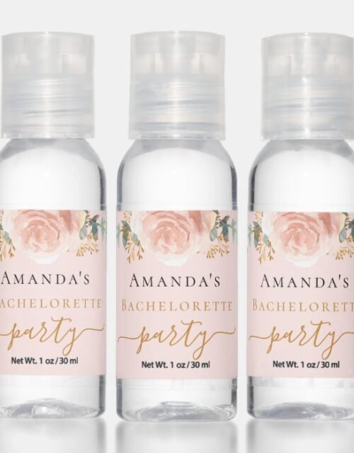 Bachelorette party rose gold floral greenery pink hand sanitizer