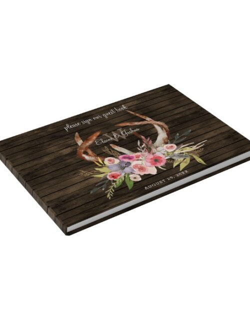 barn wood floral antler rustic wedding Guest Book
