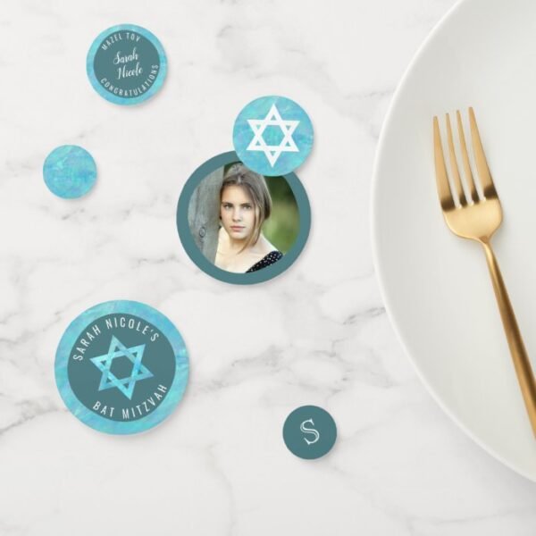 Bat Mitzvah Blue Opal Faux Watercolor Photo Confetti