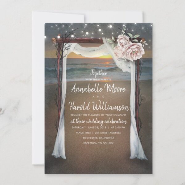 Beach Arch | Sea Sunset | String Lights Wedding Invitation