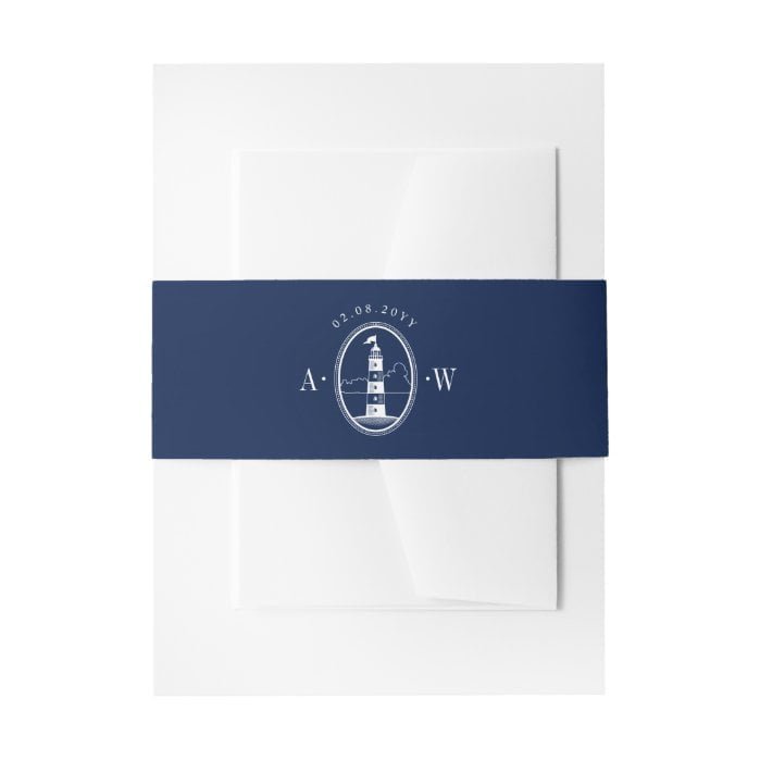 Beach Lighthouse Navy Nautical Wedding Monogram Invitation Belly Band