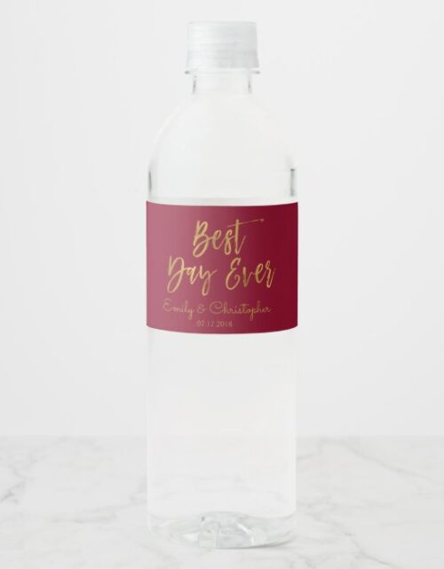Best Day Ever Burgundy and Gold Foil Water Bottle Label