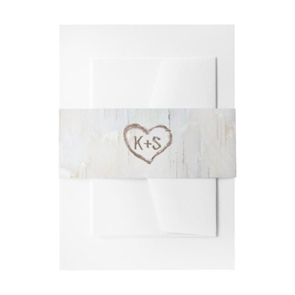 Birch Bark Carved Heart Rustic Wedding Invitation Belly Band