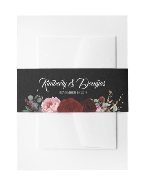 Black and Burgundy Red Florals Wedding Invitation Belly Band