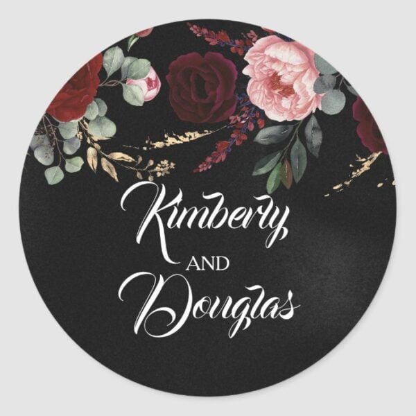 Black and Burgundy Red Modern Wedding Classic Round Sticker