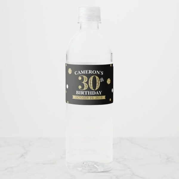 Black and Gold Glitter Confetti Birthday Wrap Water Bottle Label