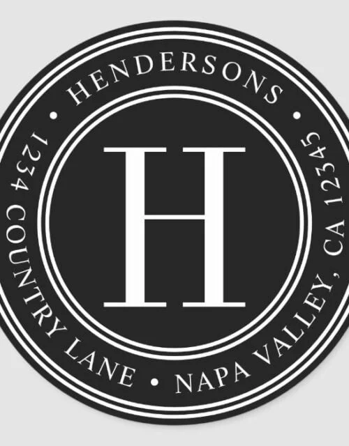Black and White Elegant Monogram Return Address Classic Round Sticker
