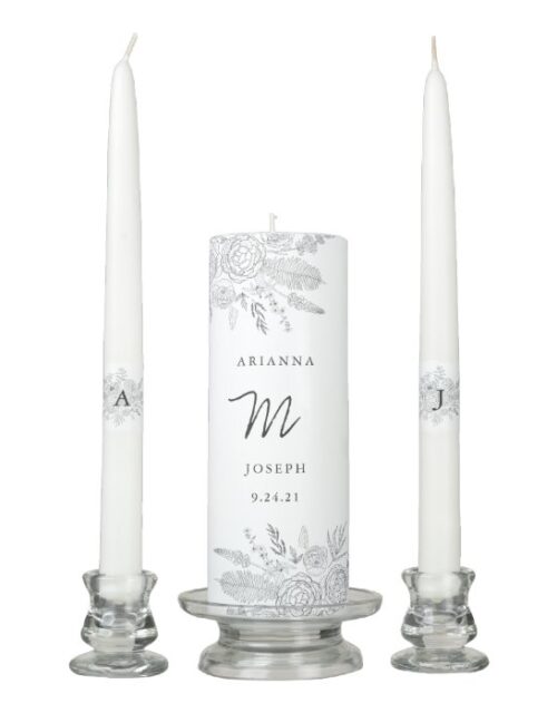 Black and White Floral Illustrated Wedding Unity Candle Set