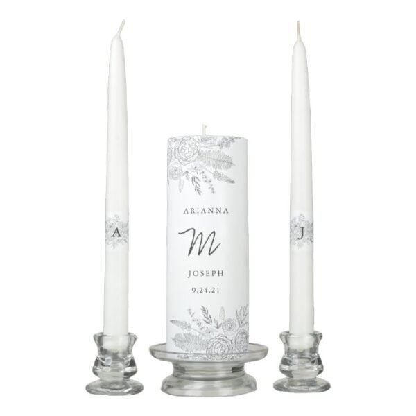 Black and White Floral Illustrated Wedding Unity Candle Set