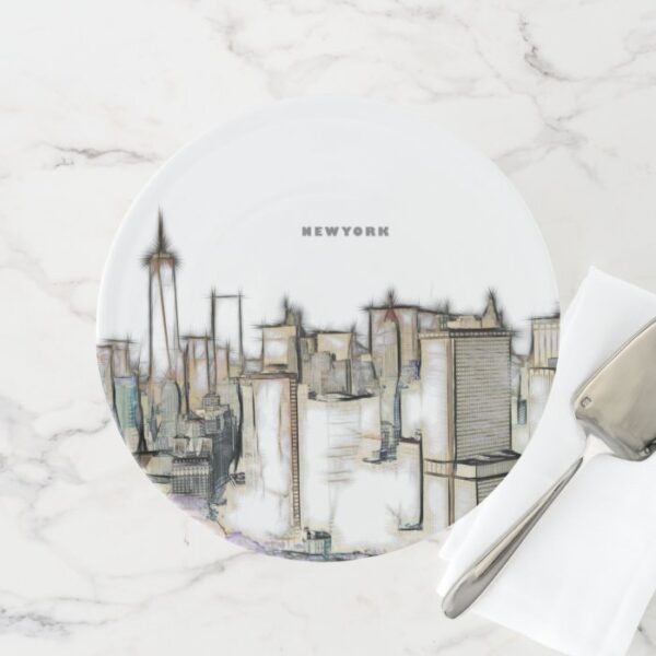 Black And White Skyline New york City Drawing Cake Stand