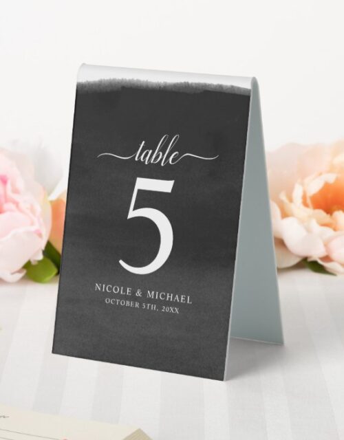Black and White Watercolor Wedding Number Table Tent Sign