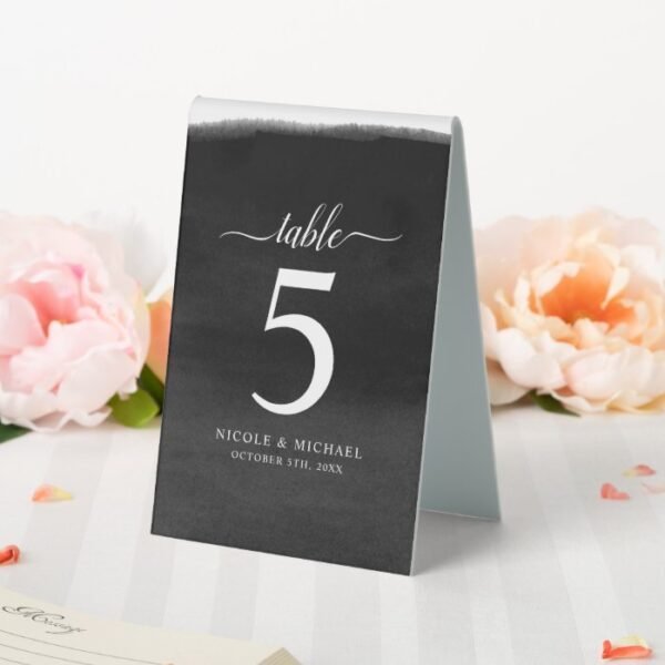 Black and White Watercolor Wedding Number Table Tent Sign