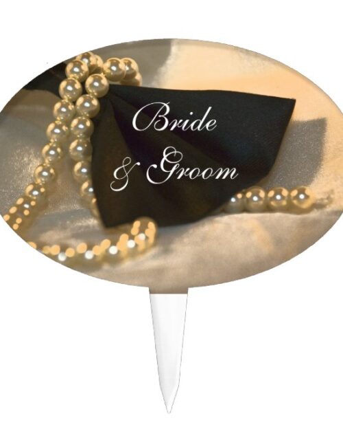 Black Bow Tie and White Pearls Wedding Cake Topper