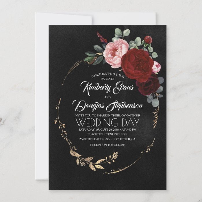 Black Burgundy and Gold Floral Modern Boho Wedding Invitation
