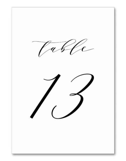 Black Minimalist Script Wedding Table Number 13