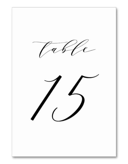 Black Minimalist Script Wedding Table Number 15