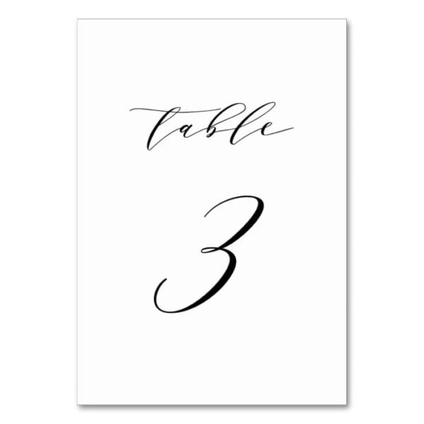 Black Minimalist Script Wedding Table Number 3