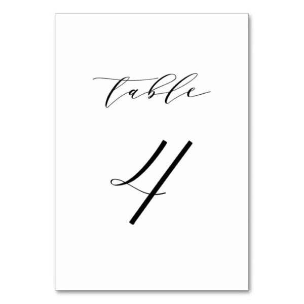 Black Minimalist Script Wedding Table Number 4