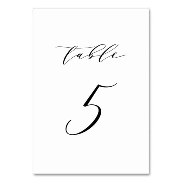 Black Minimalist Script Wedding Table Number 5