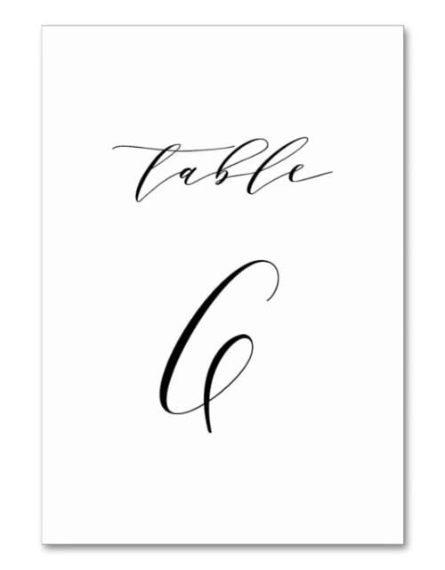 Black Minimalist Script Wedding Table Number 6