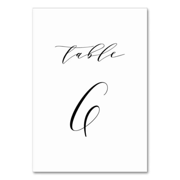 Black Minimalist Script Wedding Table Number 6