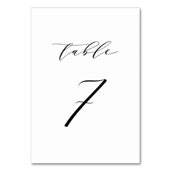 Black Minimalist Script Wedding Table Number 7