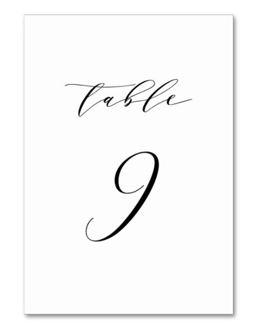 Black Minimalist Script Wedding Table Number 9