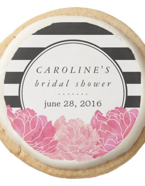 Black Stripe & Pink Peony Bridal Shower Round Shortbread Cookie