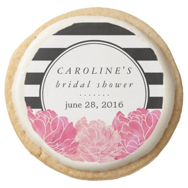 Black Stripe & Pink Peony Bridal Shower Round Shortbread Cookie