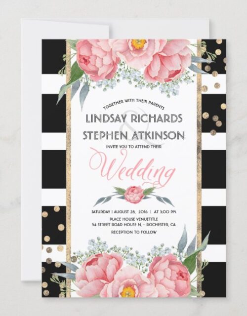 Black Stripes Gold Confetti Pink Floral Wedding Invitation