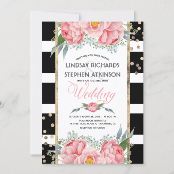 Black Stripes Gold Confetti Pink Floral Wedding Invitation