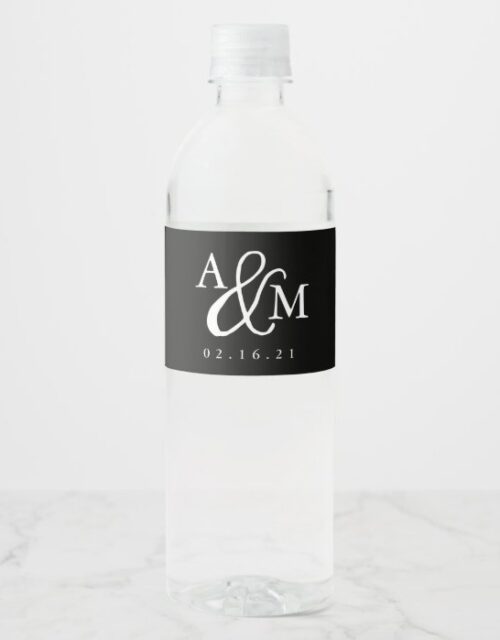 Black & White Ampersand Monogram Wedding Water Bottle Label