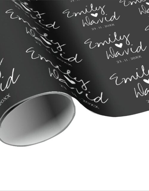 Black White Bride & Groom Names Wedding Wrapping Paper