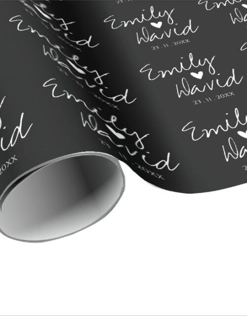 Black White Bride & Groom Names Wedding Wrapping Paper